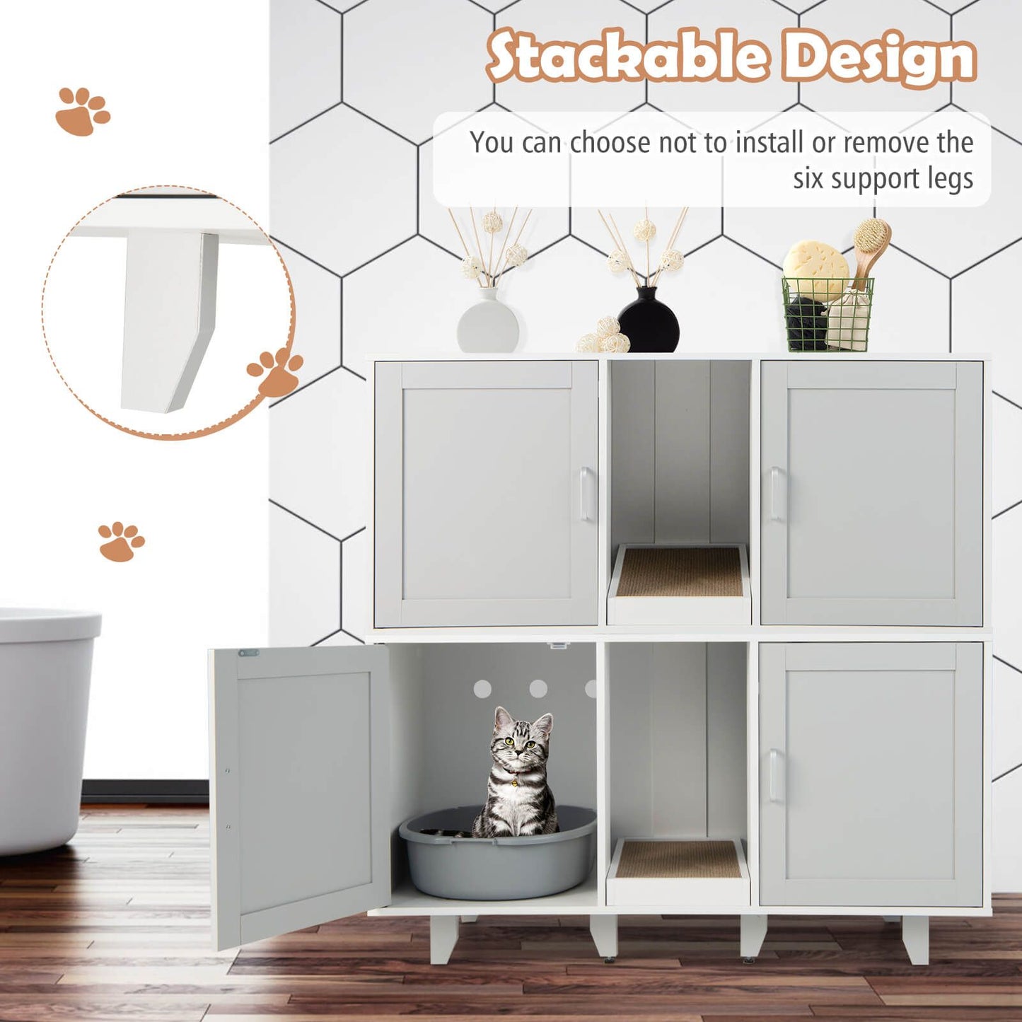 2-Door Cat Litter Box Enclosure with Winding Entry and Scratching