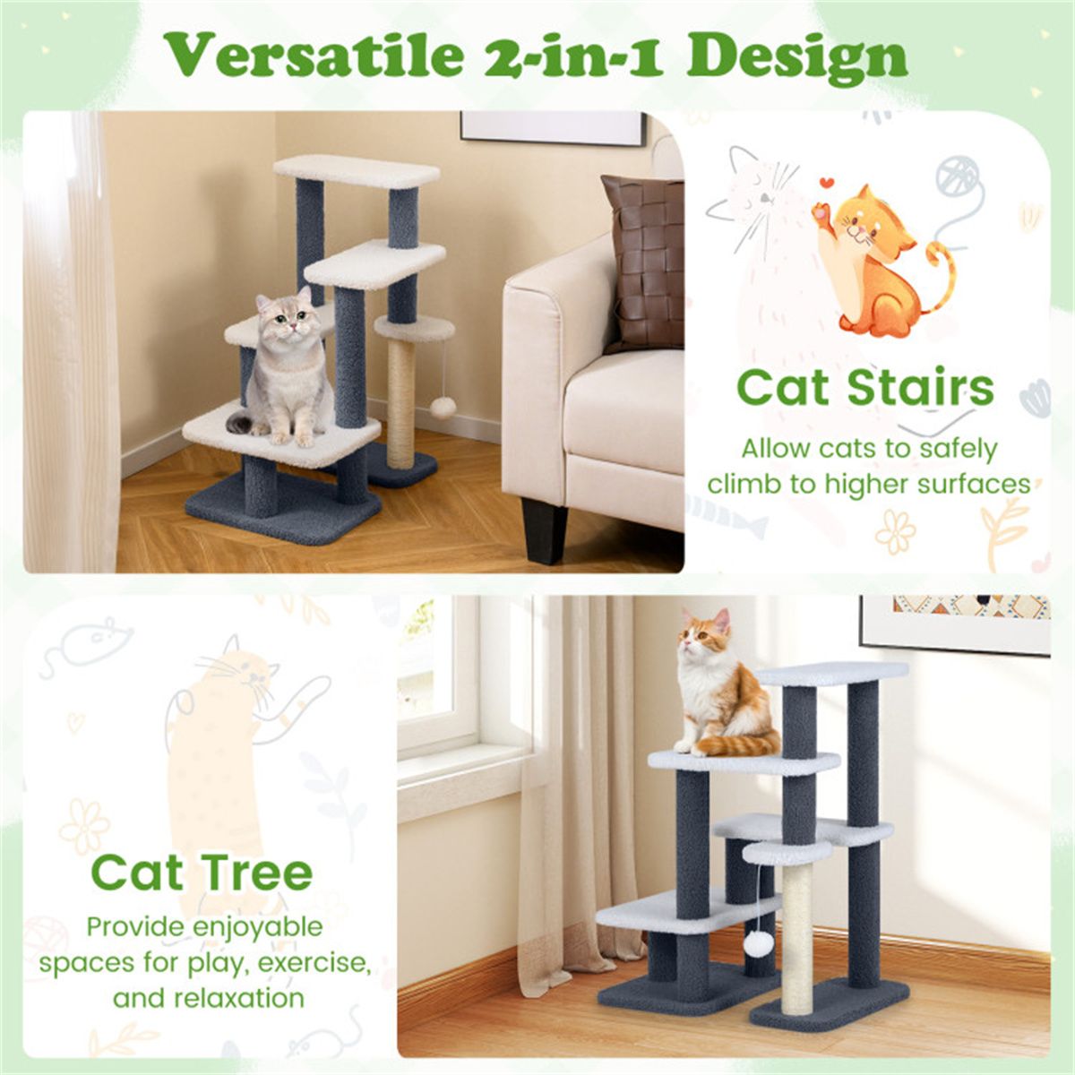 2-in-1 Cat Stairs & Tree with Sisal Scratching Post, 4 Levels