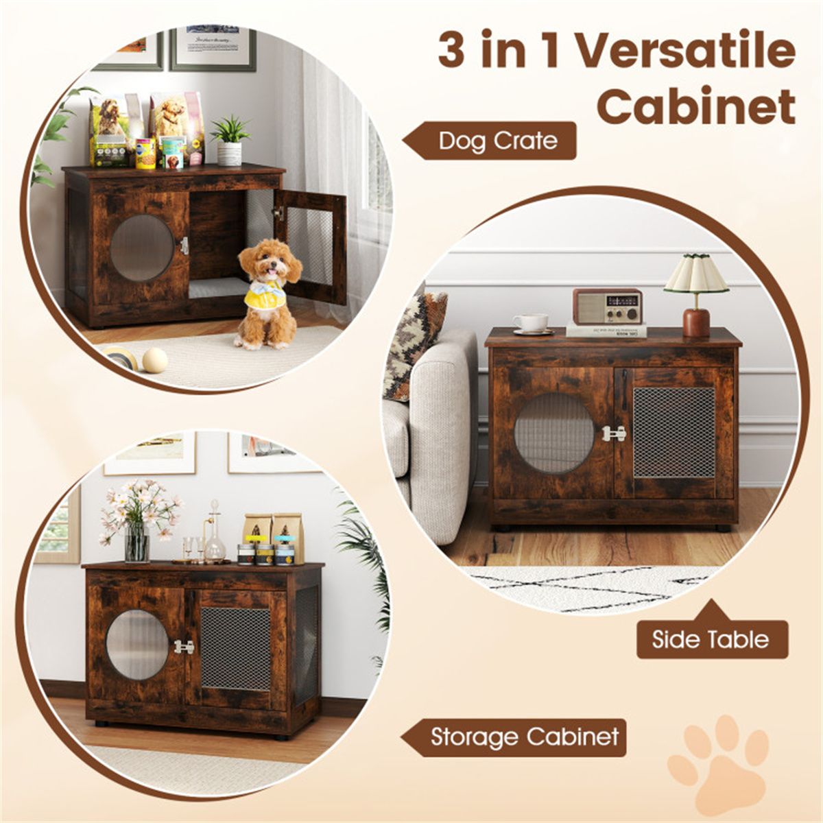 2-in-1 Dog Crate End Table - Rustic Brown, 88lbs Capacity