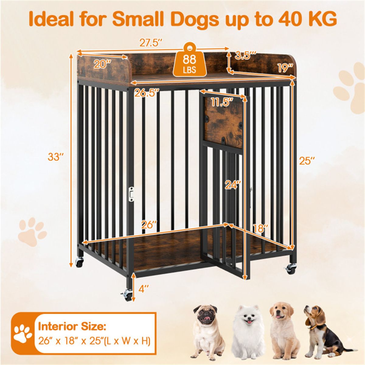 2-in-1 Dog Crate Furniture with Thickened Metal Tubes, Lockable