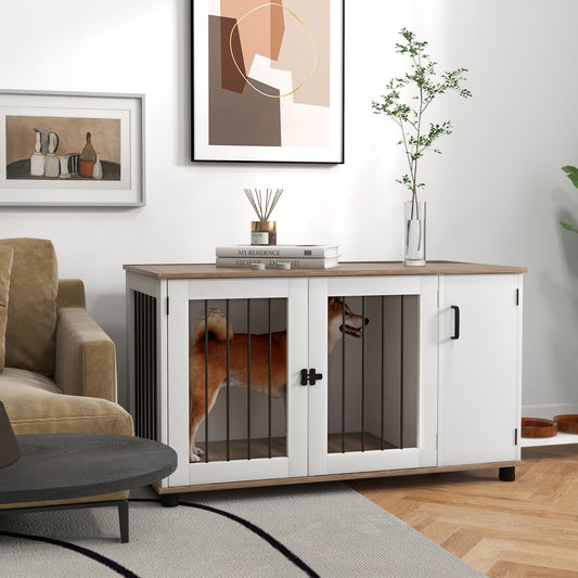 2-in-1 Dog Crate Table with Double Doors and Storage, Dog Cage