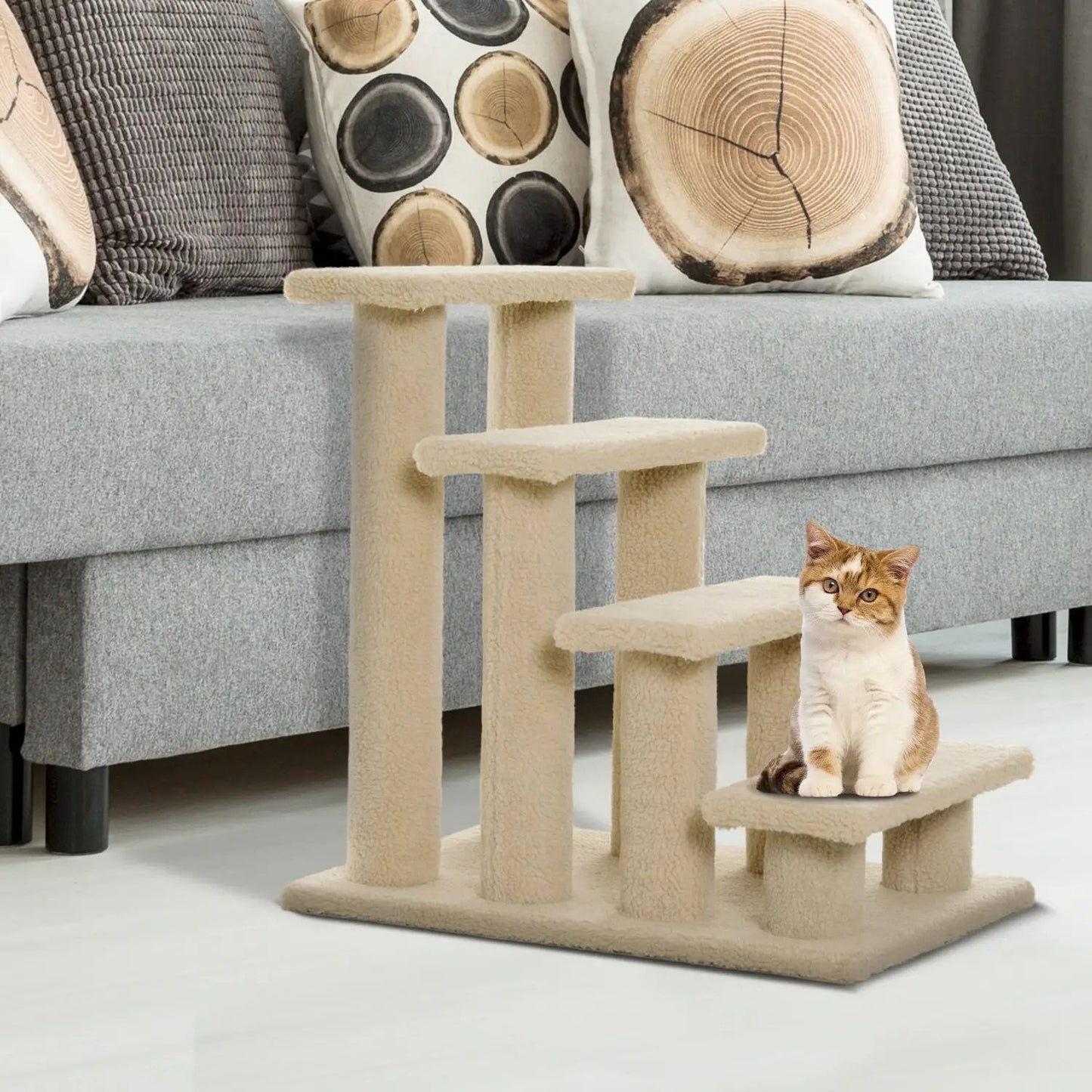 25" Cream White 4-Step Multi-Level Carpeted Cat Scratching Post