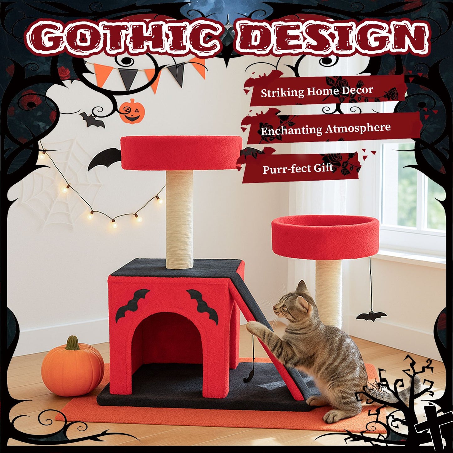 26" Gothic Cat Tree, Cat Tower with Spacious Cat Condo, 2 Padded