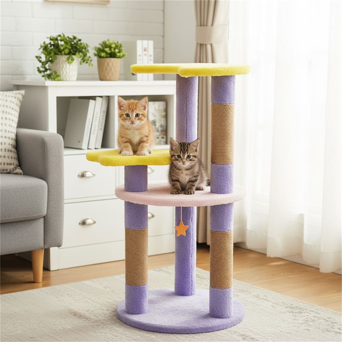 29" Moon & Star Cat Tree with 4 Levels, Jute Scratching Posts &