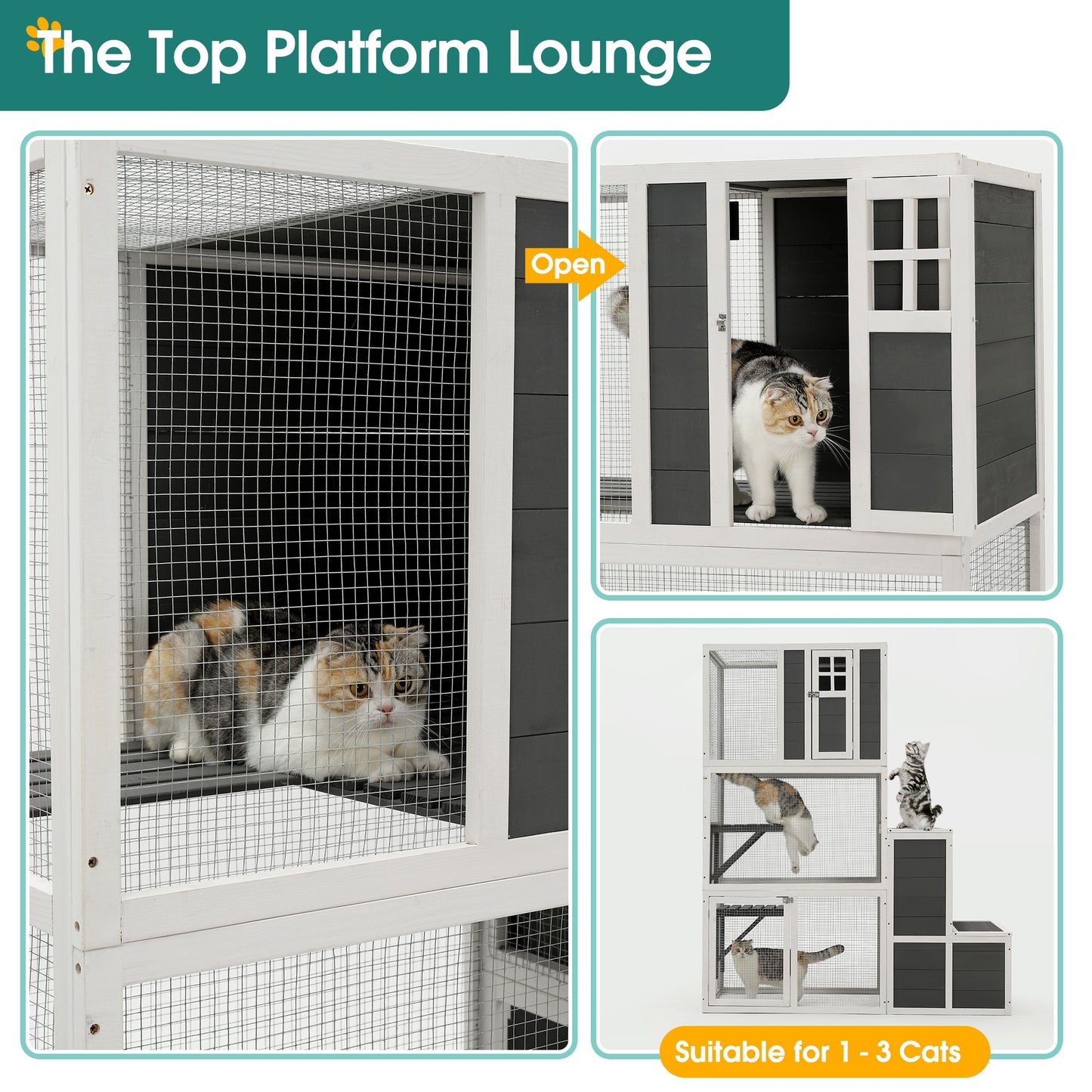 3-Tier Wooden Outdoor & Indoor Cat House Suitable for 1-3 Cats Cat