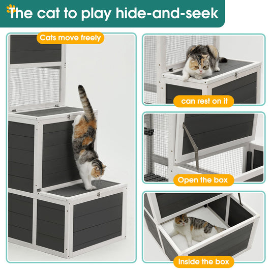 3-Tier Wooden Outdoor & Indoor Cat House Suitable for 1-3 Cats Cat