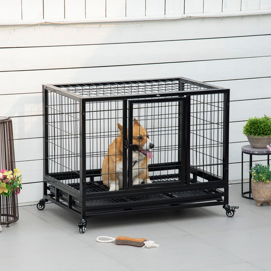 36" Heavy Duty Dog Crate with Removable Tray, Lockable Wheels