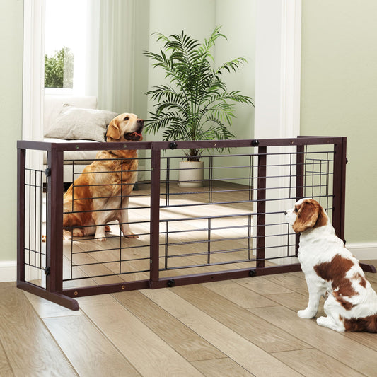 Adjustable Wooden Pet Gate for Dogs, Indoor Freestanding Dog Fence