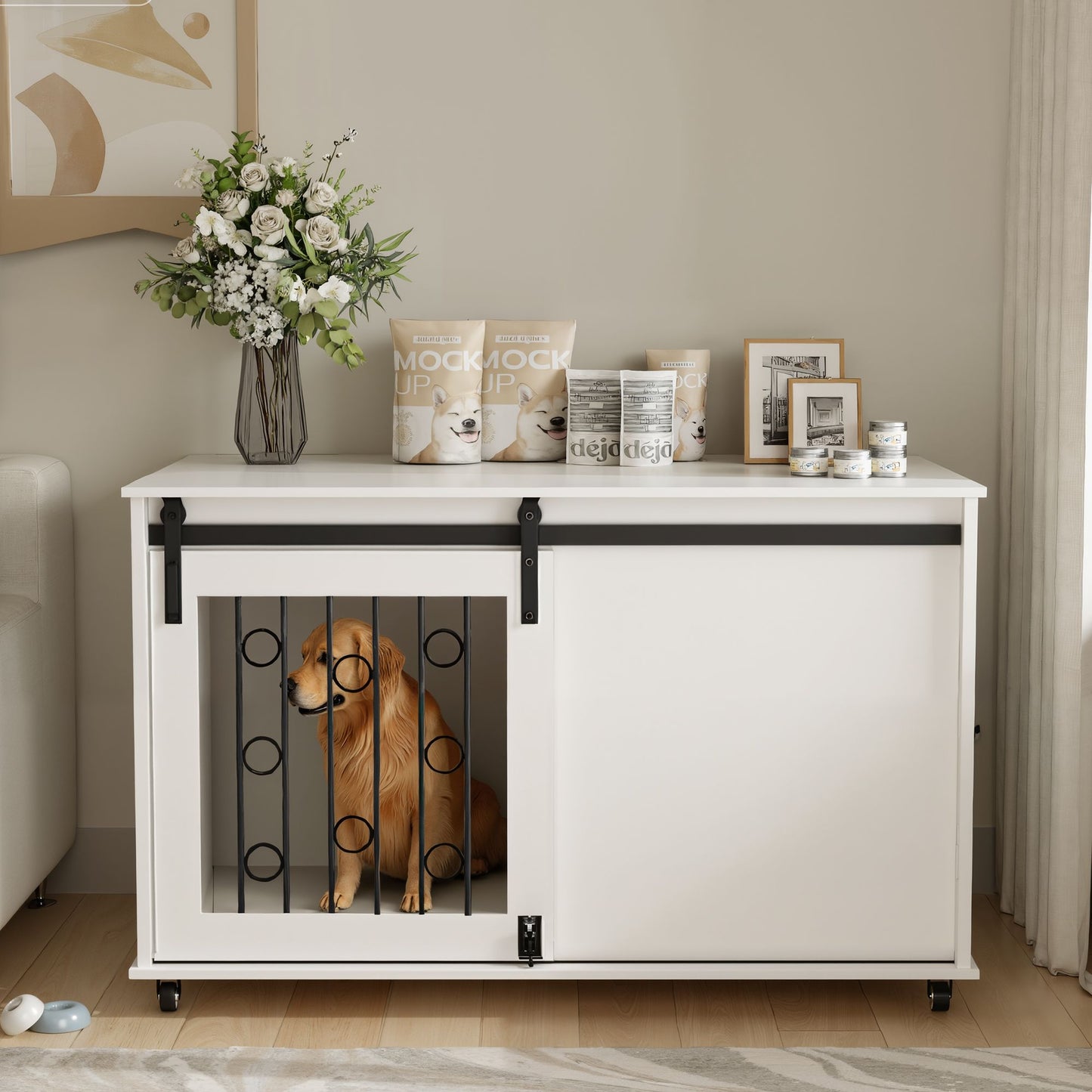 39.37'' Modern Wooden Dog Crate Furniture with Sliding Barn Door