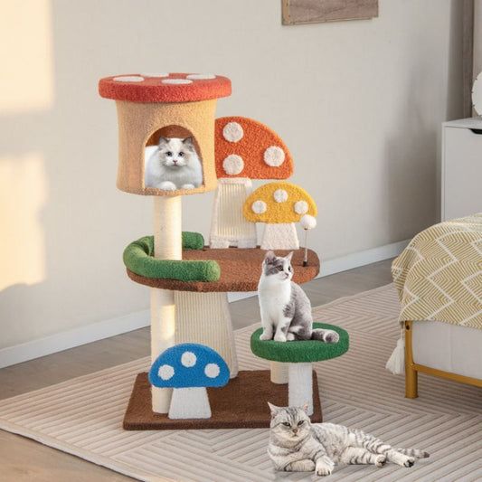 4-in-1 Mushroom Cat Tree with Condo Spring Ball and Sisal Posts