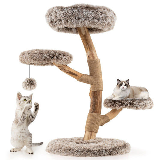 4-Level Natural Pear Wood Cat Tree - 19.5, Jute Scratch Posts +
