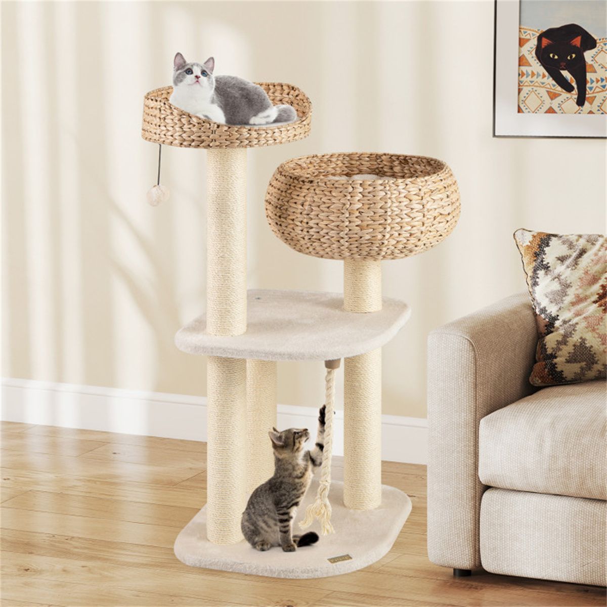 Inch Hand-Woven Water Hyacinth Cat Tree, 3 Sisal Scratching Posts