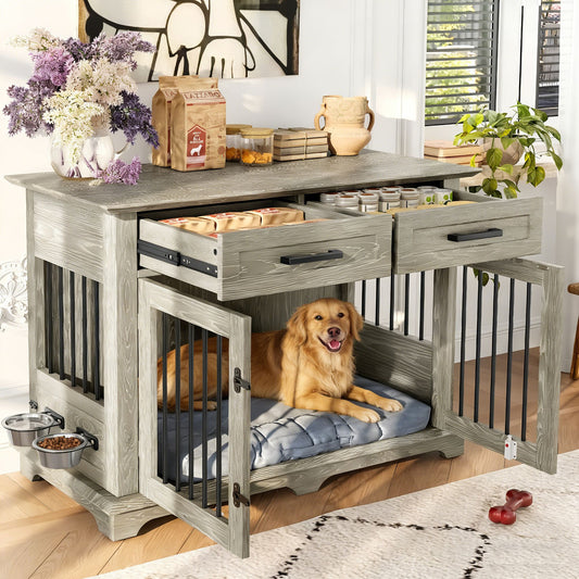 44.48" Large Dog Crate Furniture, Indoor Wooden Dog Kennel End
