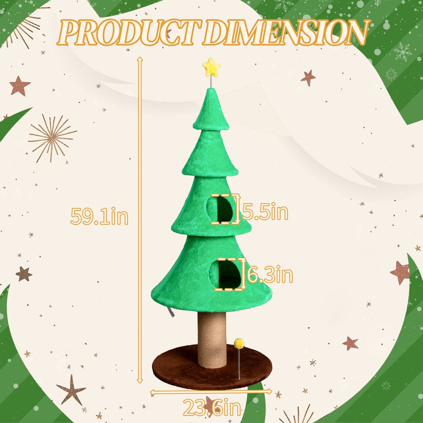 59in Large Tall Christmas Tree Cat Tower with 2 Cat Condos &