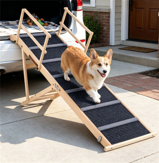 6-Level Adjustable Foldable Pet Ramp, Solid Pine Wood Non-Slip Dog