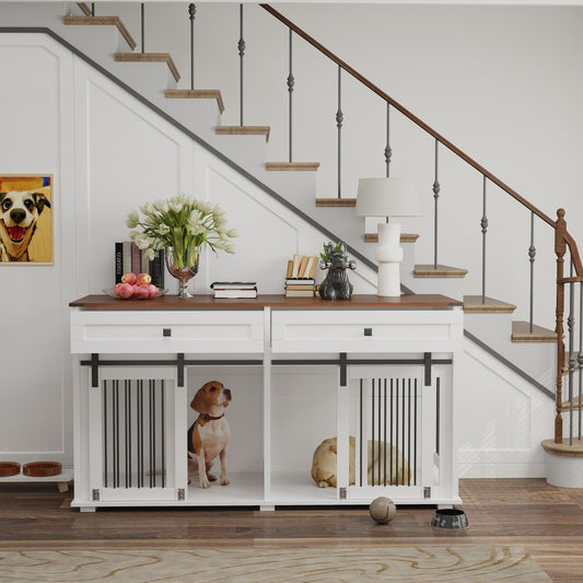 63'' Large Dog Crate Furniture for Double Dog, Wooden Dog Kennel
