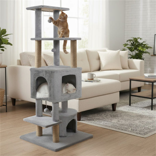 64" Light Gray Cat Tower with Plush Perches & 3 Dangling Balls