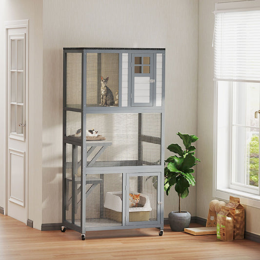 74" Wooden Outdoor Cat House Catio with High Weight Capacity, Cat