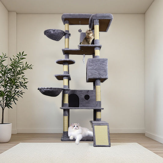 84.6 in Dark Gray Cat Tree Tower with Wide Base, 3 Large Hinding