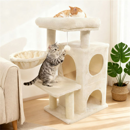 Beige 33.5" Multi-Level Cat Tree with 2-Tier Condo, Sisal