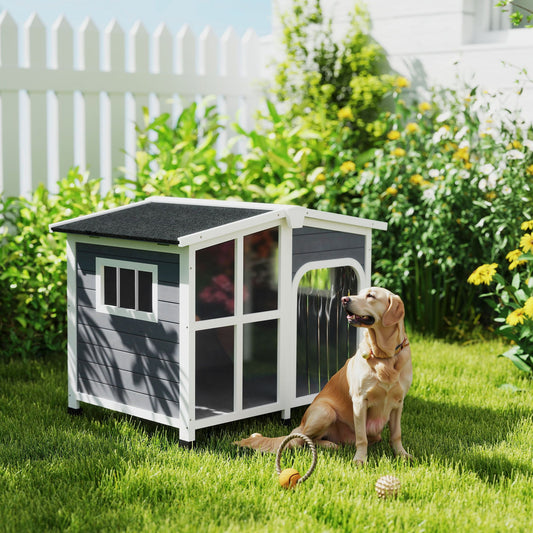 Cabin-Style Wooden Dog House for Large Dogs with Openable Roof &