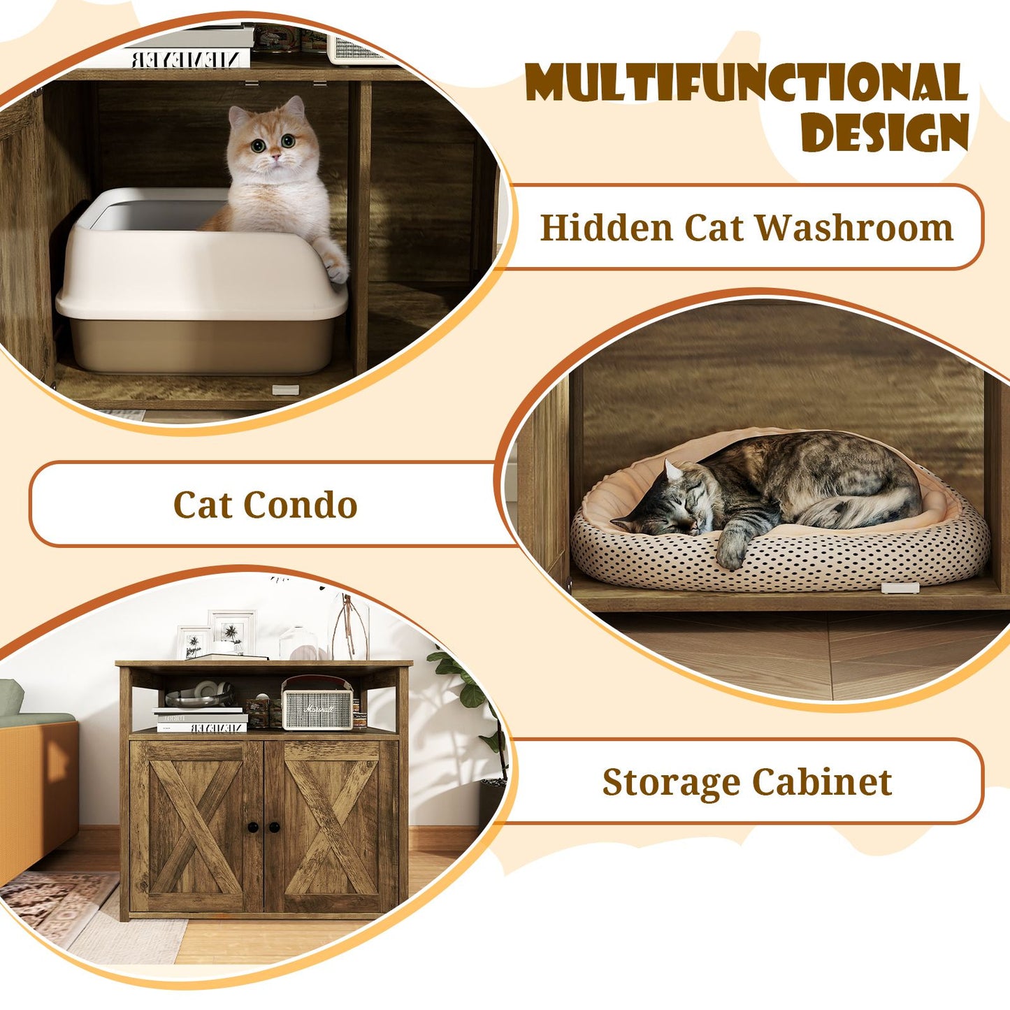 Cat Litter Box Enclosure with Double Barn Doors, Divider, Side