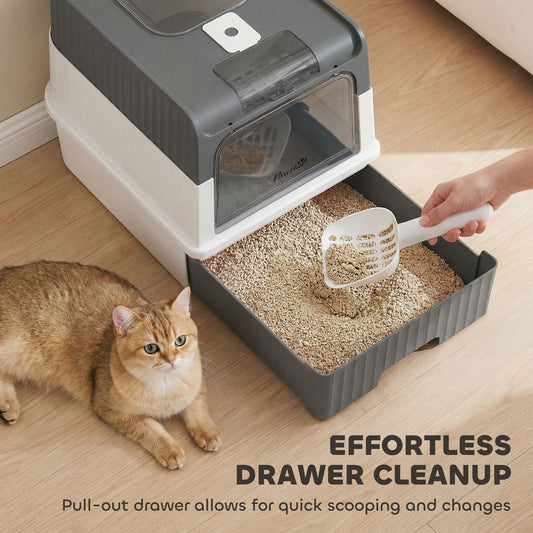 Cat Litter Box Hooded Cat Litter Tray with Drawer Pan Front Entry &