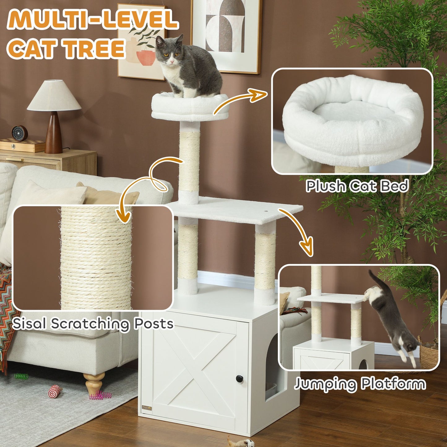 Cat Tree with Litter Box Enclosure, Scratching Posts, Bed, Climbing