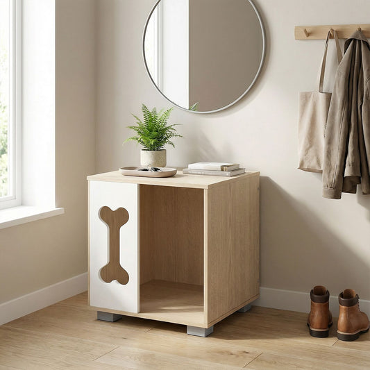 Dog Bed Side Table Wooden Dog Condo with Bone-Shape Window