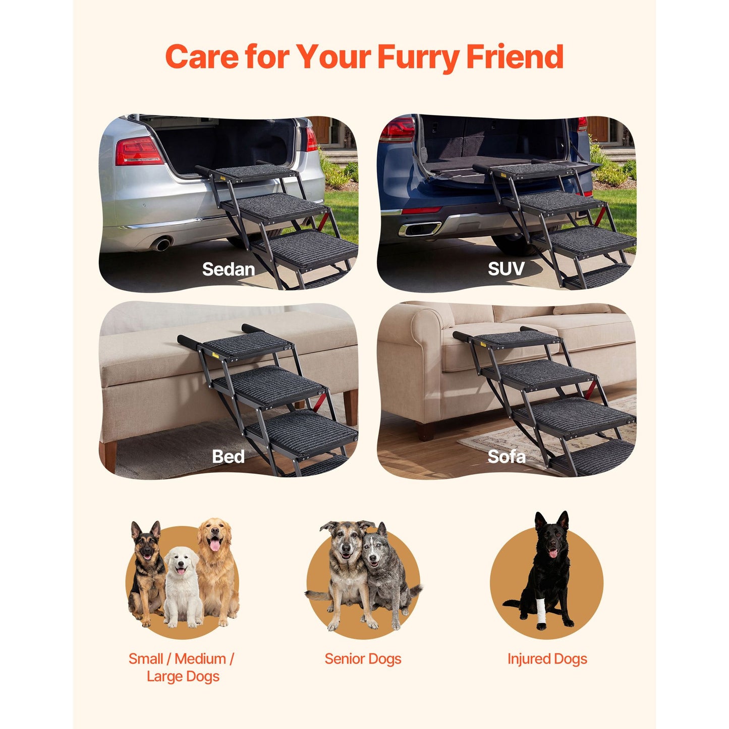 Dog Stairs for Car, 4 Steps Extra Wide Foldable Dog Ramp