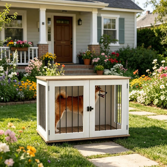 Double Door Dog Crate End Table Furniture Indoor with Storage Wood