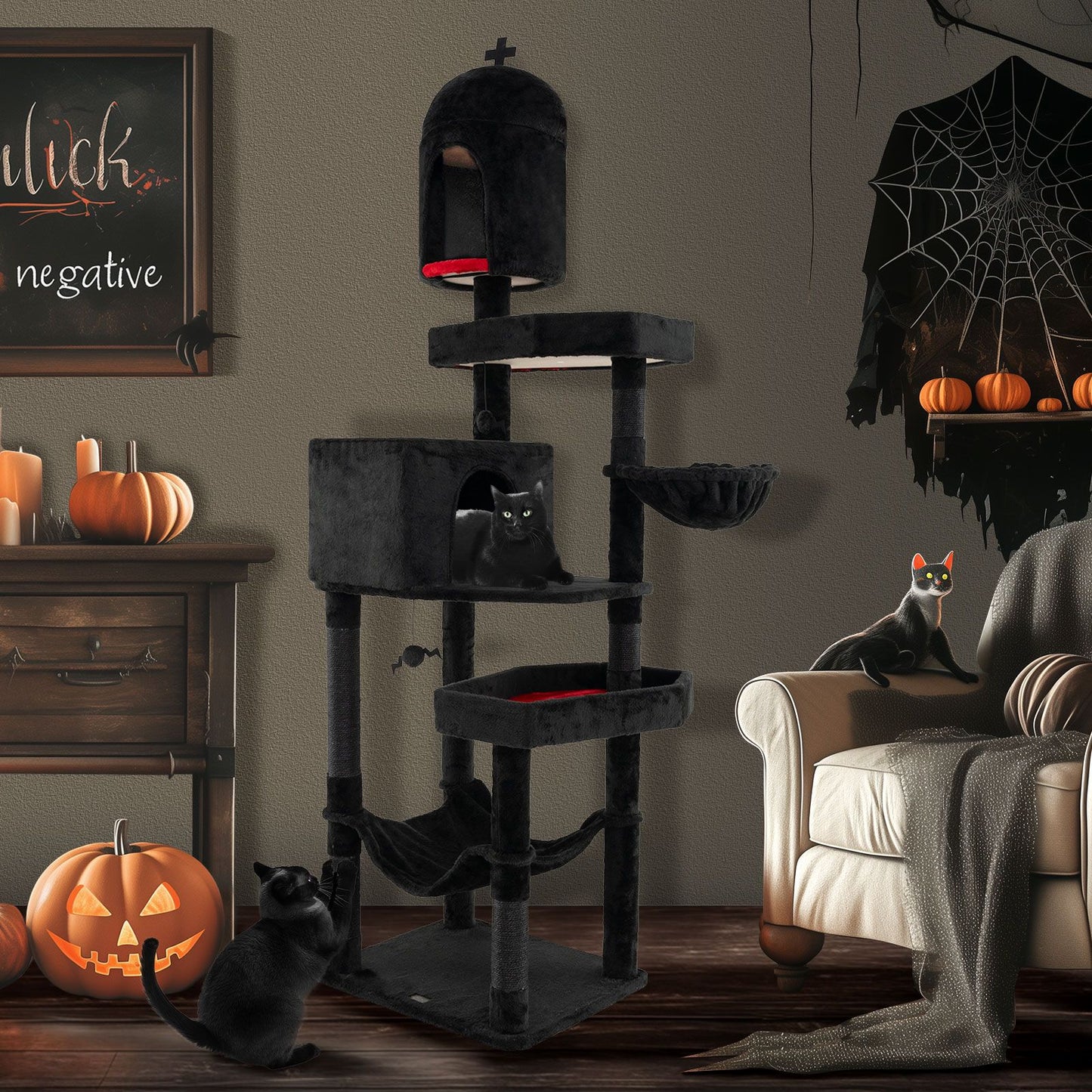 Gothic Cat Tree with 2 Cat Condos and Coffin Bed for Indoor Cats