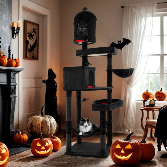 Gothic Cat Tree with 2 Cat Condos and Coffin Bed for Indoor Cats