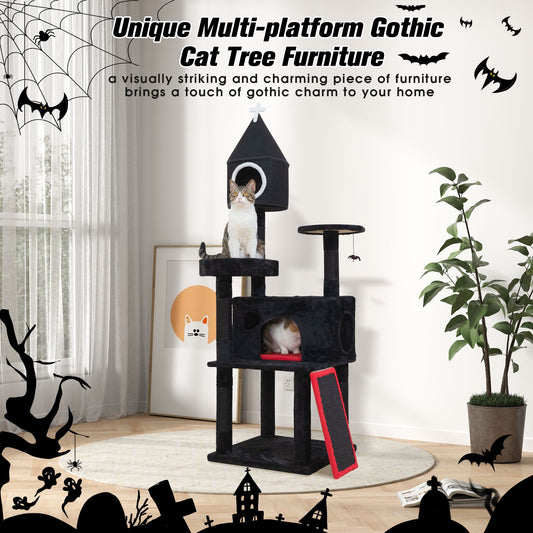 Gothic Cat Tree with Coffin Bed, 64in Black Cat Tower with Condo