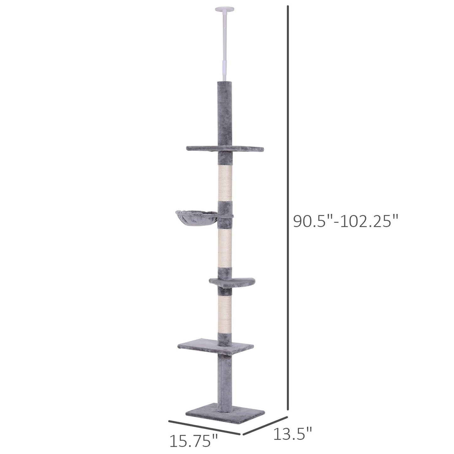 Gray Adjustable Height 102" Floor to Ceiling Cat Tree 5 Level Tower