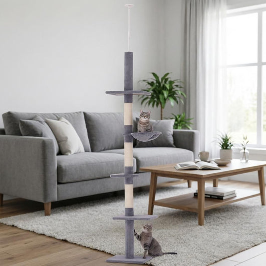 Gray Adjustable Height 102" Floor to Ceiling Cat Tree 5 Level Tower