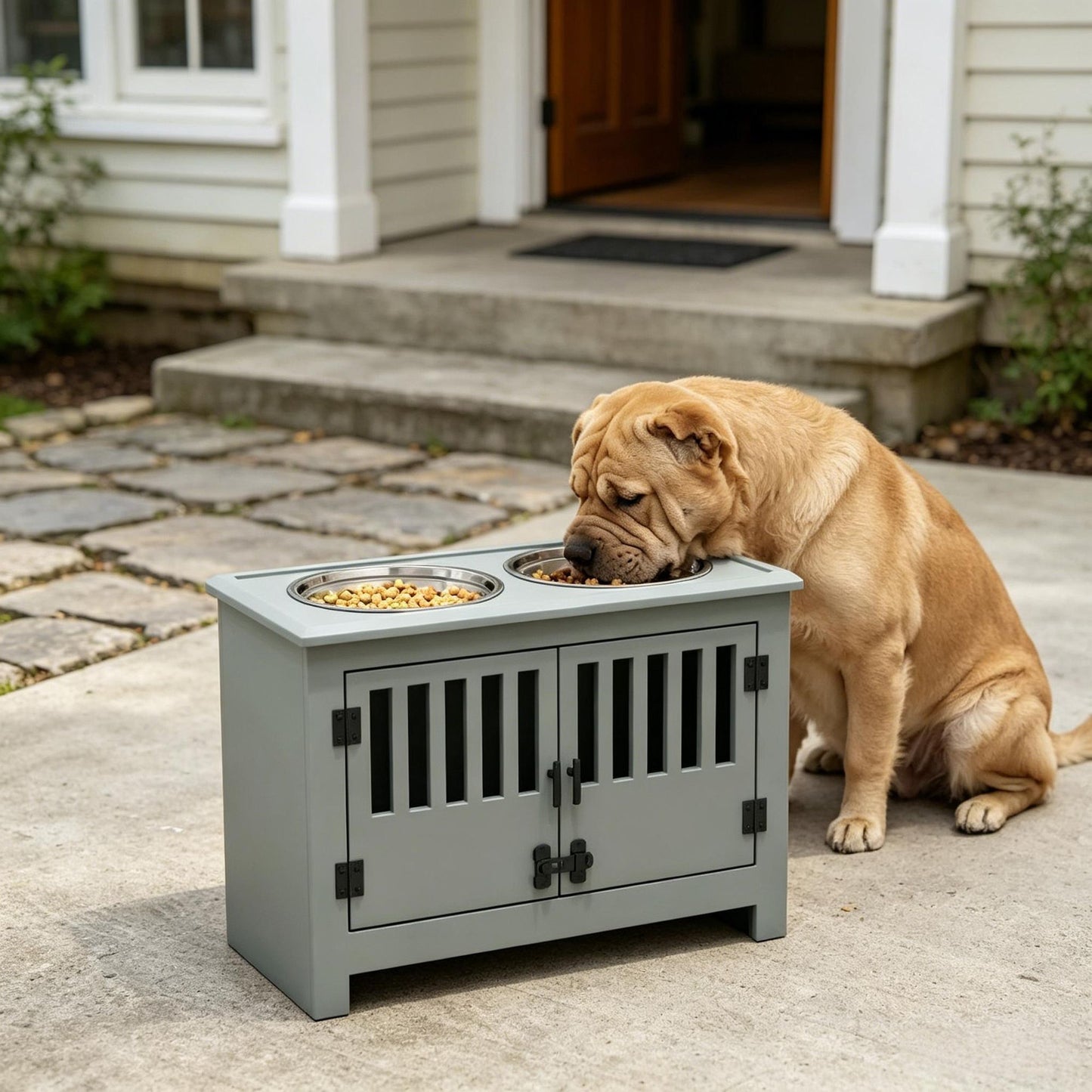 Gray Dog Food Storage Cabinet with Bowls and Feeding Station