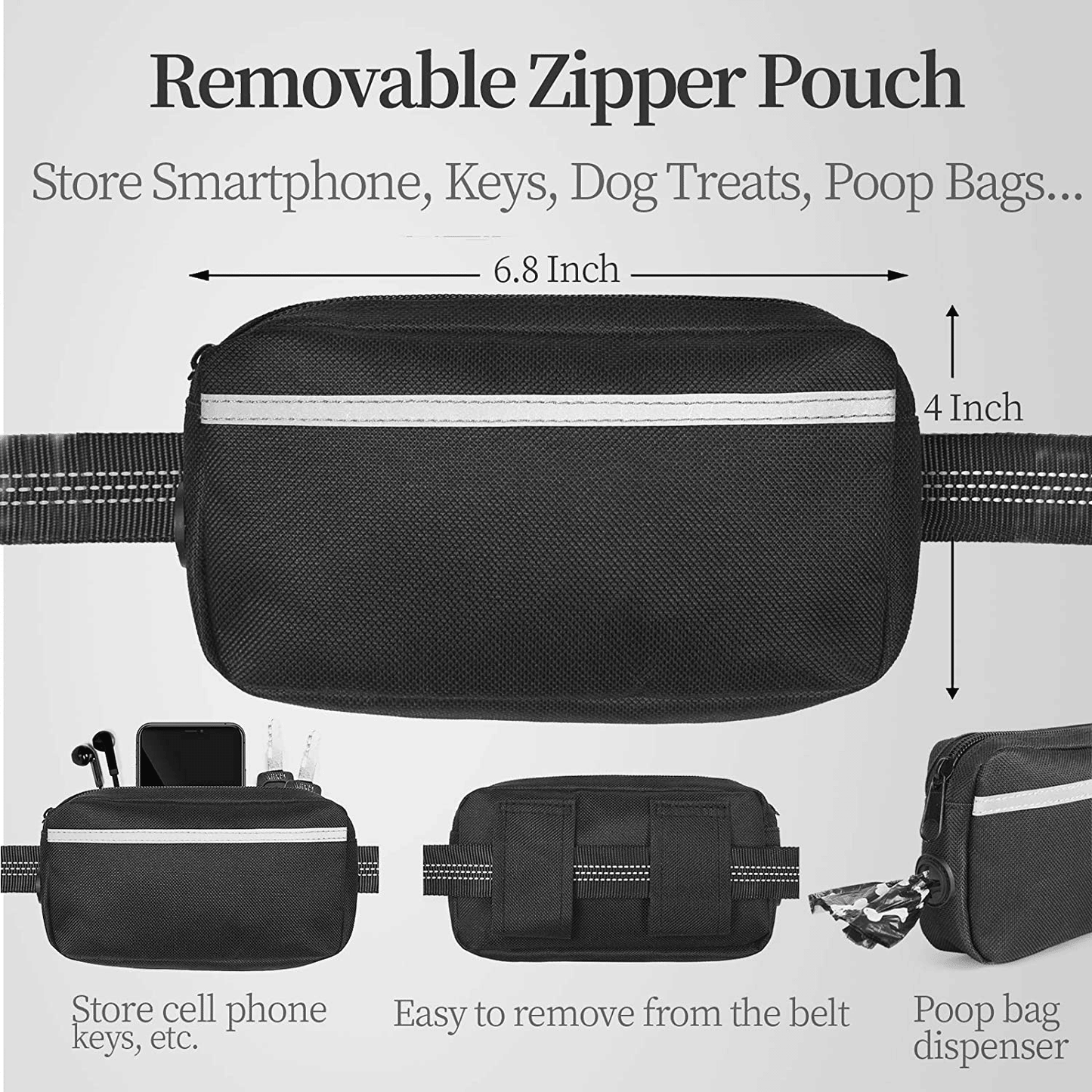 Hands Free Dog Leash with Zipper Pouch; Dual Padded Handles