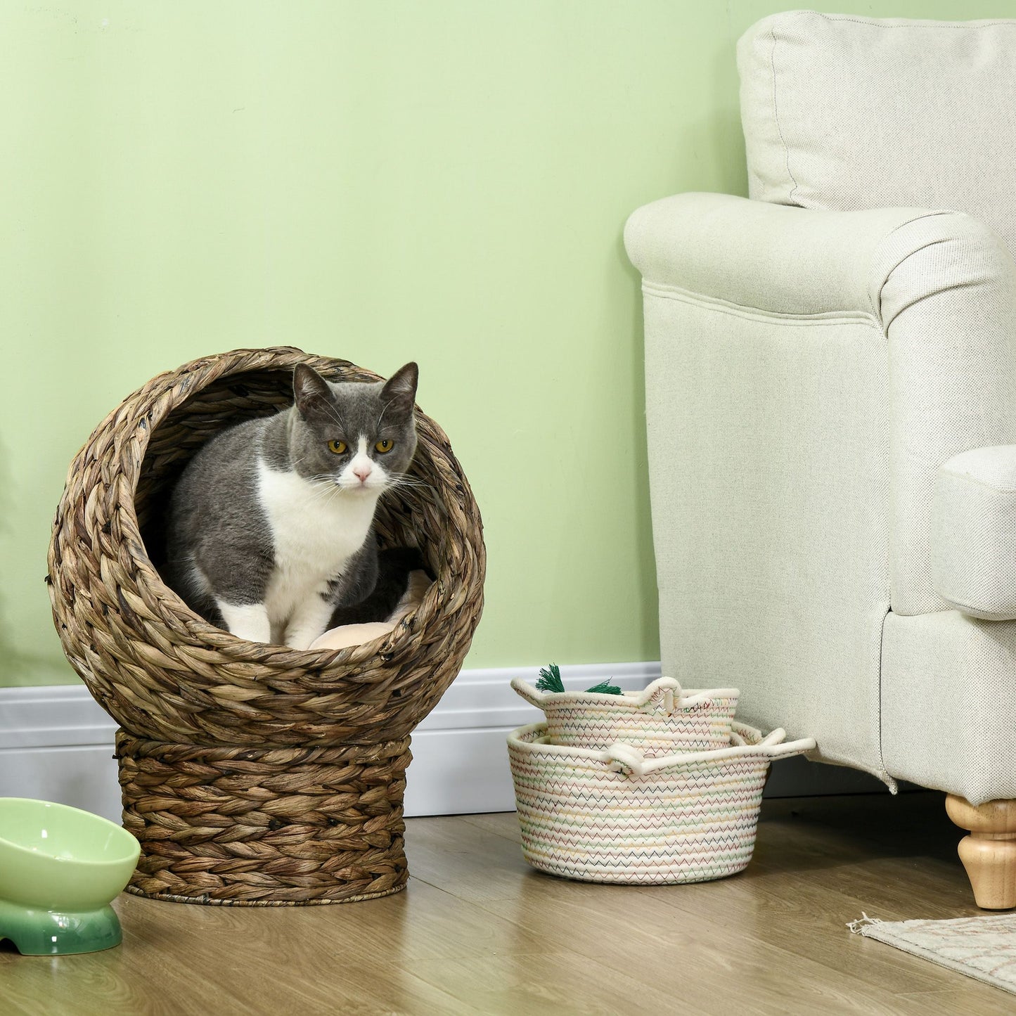 Handwoven Elevated Cat Bed with Soft Cushion & Cat Egg Chair Shape