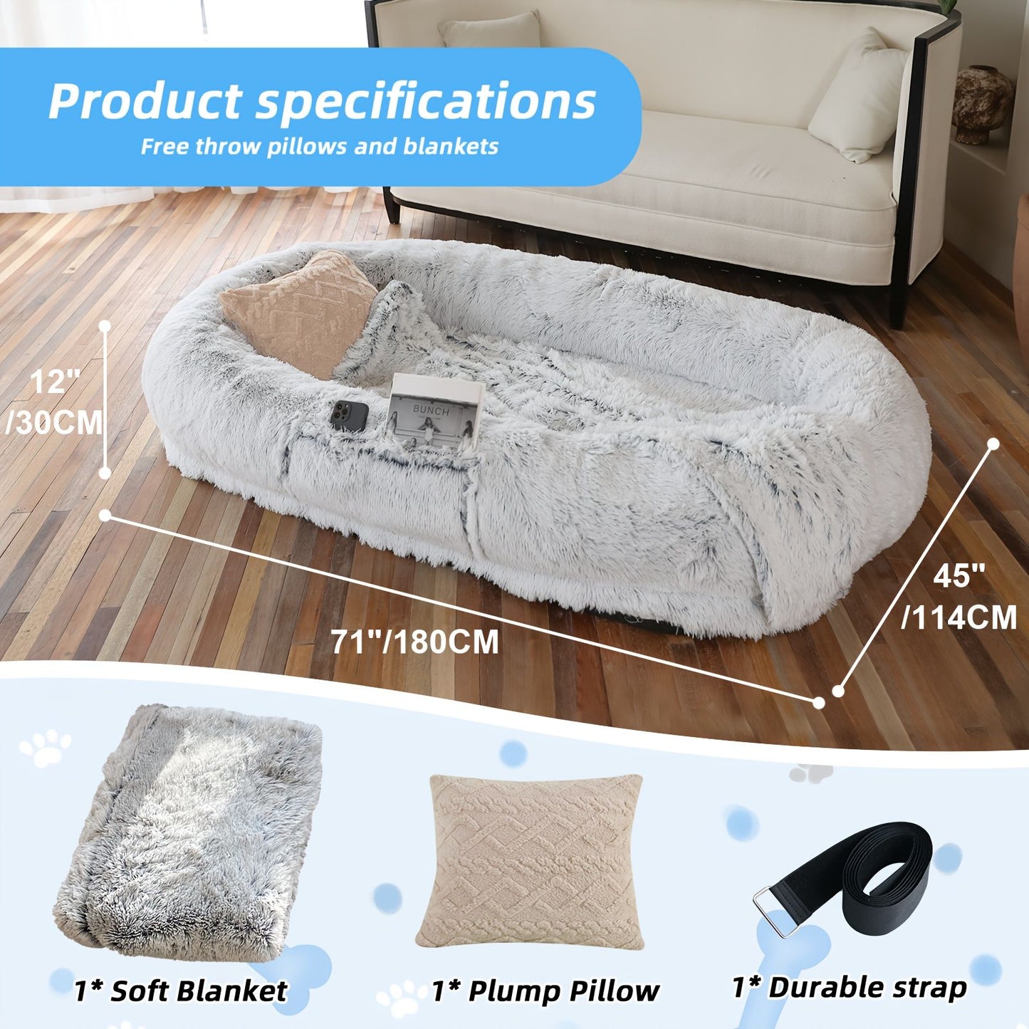 Human Dog Bed, Large Size Fits You and Pets, Washable Faux Fur Dog