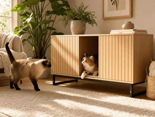 Modern Wooden Cat House with Scratching Mat - 47.64 X 25.98", 76.4