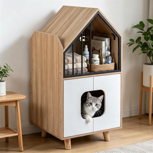 Natural & White Hidden Cat Litter Box Furniture, Elevated Cat
