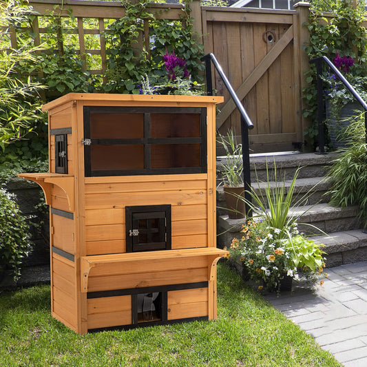 Outdoor Cat House, 3-Tier Kitty Shelter with 5 Escape Doors