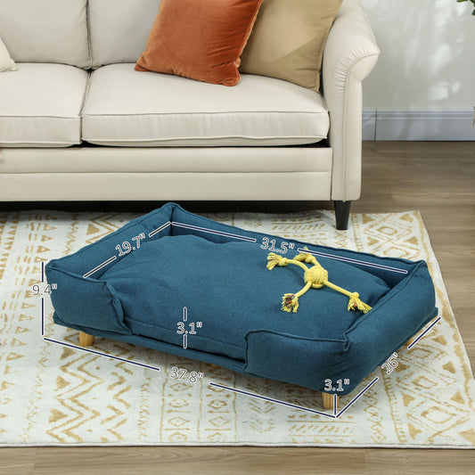 Raised Dog Couch with Comfortable Cushion, Pine Wood Legs, Foot