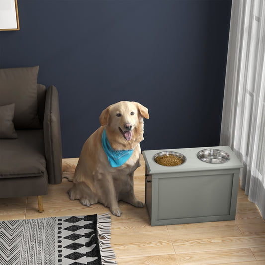 Raised Dog Feeding Station with 2 Stainless Steel Bowls and Storage