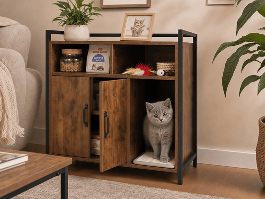 Rustic Brown Wooden Cat Litter Box Enclosure, Spacious Hidden Cat