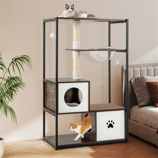 Stylish Wood-Metal Cat Tree - 33 Lbs Per Layer Capacity, 2 Private
