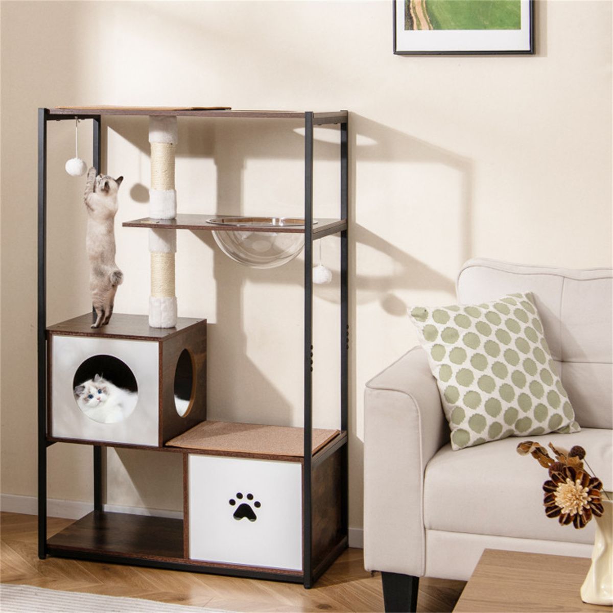Stylish Wood-Metal Cat Tree - 33 Lbs Per Layer Capacity, 2 Private