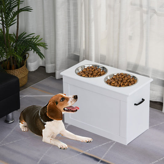 White Raised Pet Dining Station with Food Storage and Steel Bowls
