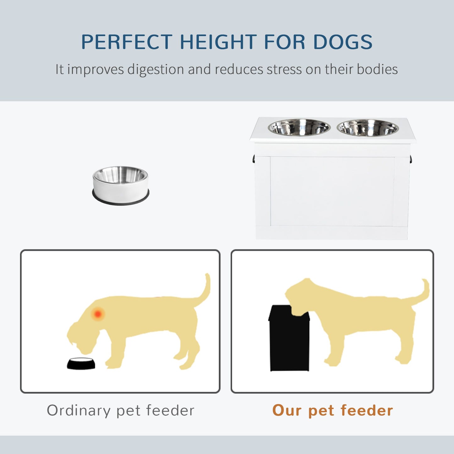 White Raised Pet Dining Station with Food Storage and Steel Bowls